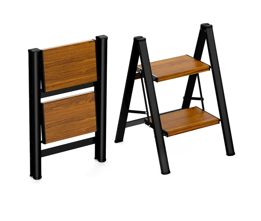 HBTower Step Ladder,Lightweight Aluminum Folding Step Stool with Anti-Slip Wide Pedal,330lbs Capacity Step Ladder for Household,Kitchen,Office - BlackWoodgrain