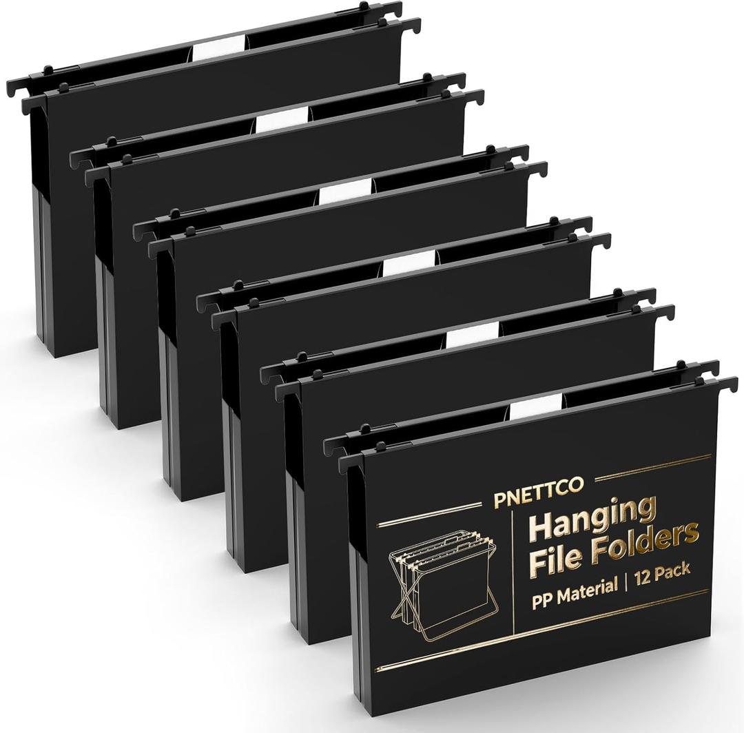Extra Capacity Plastic Hanging File Folders,12 Pack Reinforced Hang Folder, Heavy Duty 1 Inch Expansion, Filing Cabinet Folders Letter Size for Bulk Files/Medical Charts, Black