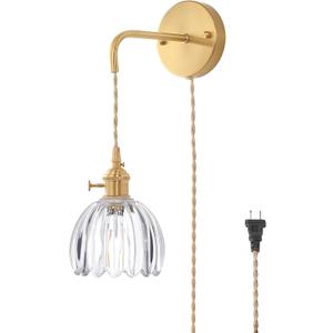 Vintage Wall Sconce Wall Lamp with Clear Tulip Glass Shade Hanging Wall Sconce with 4.9FT Plug in Cord, Modern Wall Lamp Fixtures Decor for Bedside Bedroom Indoor Doorway