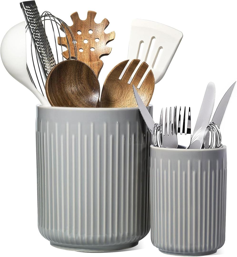 Utensil Holder, 7.3"+5.4" Ceramic Kitchen Utensil Crocks for Countertop, Large Cooking Utensil Organizer, Spatula Cutlery Holder, Set of 2, Grey
