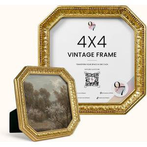 97 Decor 4x4 Vintage Picture Frame - Gold Antique Frame 4x4, Square Ornate Frames 4 X 4 With Glass Front For Tabletop Photo Display And Wall Hanging, Vintage Wall Decor