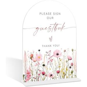 Pink Flower Please Sign Our Guestbook Sign, Wedding Guest Book Alternative, Bridal Shower Centerpieces, Wedding Reception Decorations, Acrylic Arch Bridal Shower Signs With Base-12