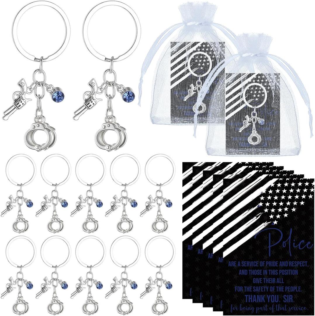 2 x Quelay 12 Sets Police Officer Keychains Accessories Gifts Handcuffs Bullet Gun Keychain with Thank You Card Policeman Week Appreciation Gifts for Academy Graduation Office