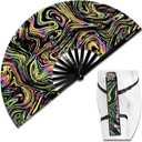 Lridescent Holographic Large Rave Bamboo Folding Clack Hand Fan With Holster for Men/Women Handheld Fan for EDM,Music Festival,Club,Freaky,Party,Dance,Performance,Decoration,Gift