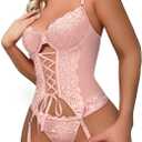 Lilosy Sexy Lace Push Up Corset Garter 3 Piece Lingerie Set (Pink, M)
