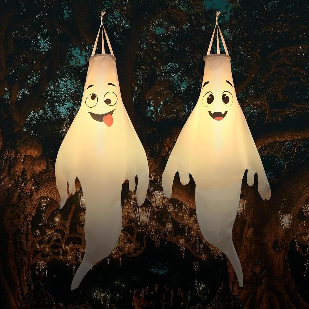 Halloween-Decorations-Outdoor Hanging-Ghost Windsocks for Trees with Timer, LED Ghosts to Hang in Tree Porch Yard, Waterproof, Timer,2 Pcs (No Batteries) Halloween-Decorations-Outdoor Hanging-Ghost Windsocks for Trees with Timer, LED Ghosts to Hang in Tree Porch Yard, Waterproof, Timer,2 Pcs (No Batteries)