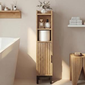 Small Bathroom Storage Cabinet, Corner Narrow Toilet Paper Floor Cabinet with Door and Shelves,Bathroom Organizer with Adjustable Shelf, for Small Spaces (Oak, 4-Tier)