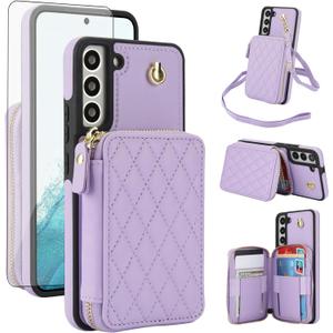Phone Case for Samsung Galaxy S22 Plus S22+ 5G Wallet Cell Cover with Tempered Glass Screen Protector Wrist Crossbody Strap RFID Blocking Card Holder S22+5G S22plus 22S + S 22 22+ Women Girls Purple