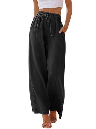 LILLUSORY Linen Wide Leg Pants Womens Palazzo Flowy Beach Vacation 2025 Summer Spring Fashion Outfits Clothes Clothing Trendy Skirt Cruise High Waisted Bohemian Travel Trousers with Pockets Black M