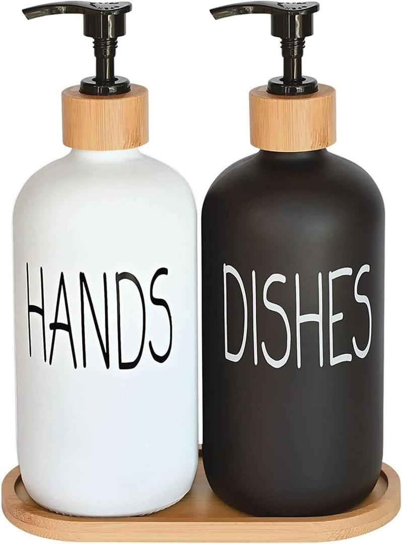 Glass Soap Dispenser Set, Hand Soap and Dish Soap Dispenser with Bamboo Tray. Vintage Soap Dispenser with Pump for Kitchen Sink and Bathroom. Stylish Permanent Labels (Matte Black&White)