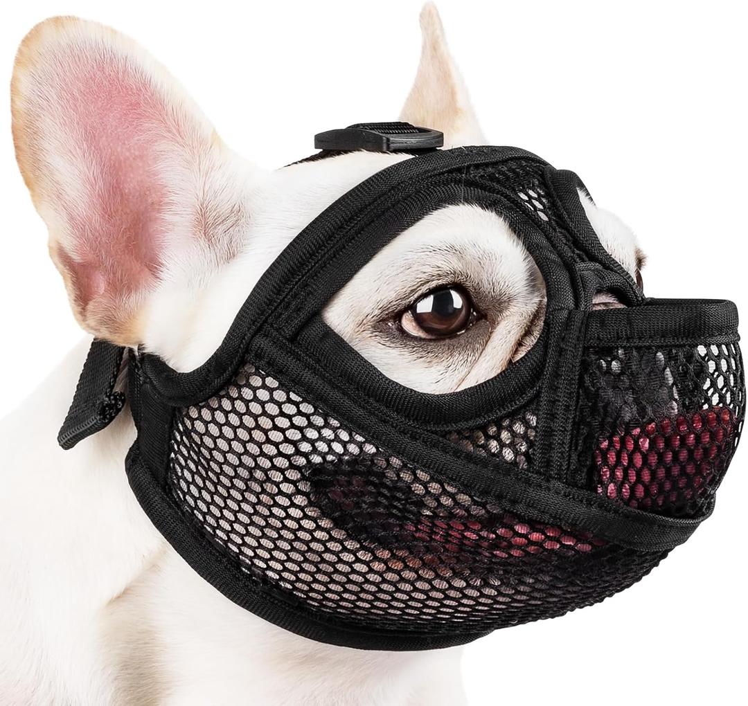 Mayerzon French Bulldog Muzzle, Full Pant Mesh Short Snout Muzzle for Flat-Faced Dogs Shih Tzu Pug English Bulldog for Grooming Vet Visit, Allows to Drink, Prevent Biting Eating (S [Head Cir: 15"-17"], Black)