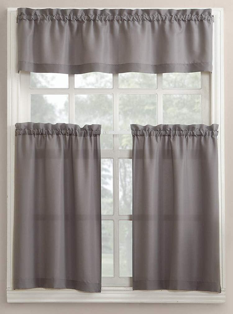 No. 918 Martine Microfiber Semi-Sheer Rod Pocket Kitchen Curtain Valance and Tiers Set, 54" x 36", Gray (36"W x 54"L (Pack of 3), Grey)
