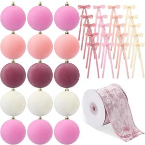 Syhood 46 Pcs Velvet Christmas Ornaments - 15 Pcs 3.15" Large Velvet Balls, 30 Flocked Bows, 1 Ribbon, Gradient Pink Xmas Tree Hanging Decoration for Valentine's Day Vintage Xmas Holiday Decor