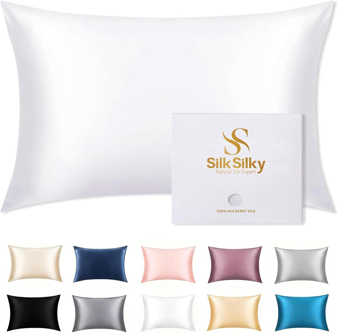 SilkSilky 100% Mulberry Silk Pillowcase - Pure 22 Momme High-Grade 6A Fibers for Hair & Skin, Hidden Zipper, Natural, Organic, Breathable & Cooling Pillow Case (King 20''x36'', White)
