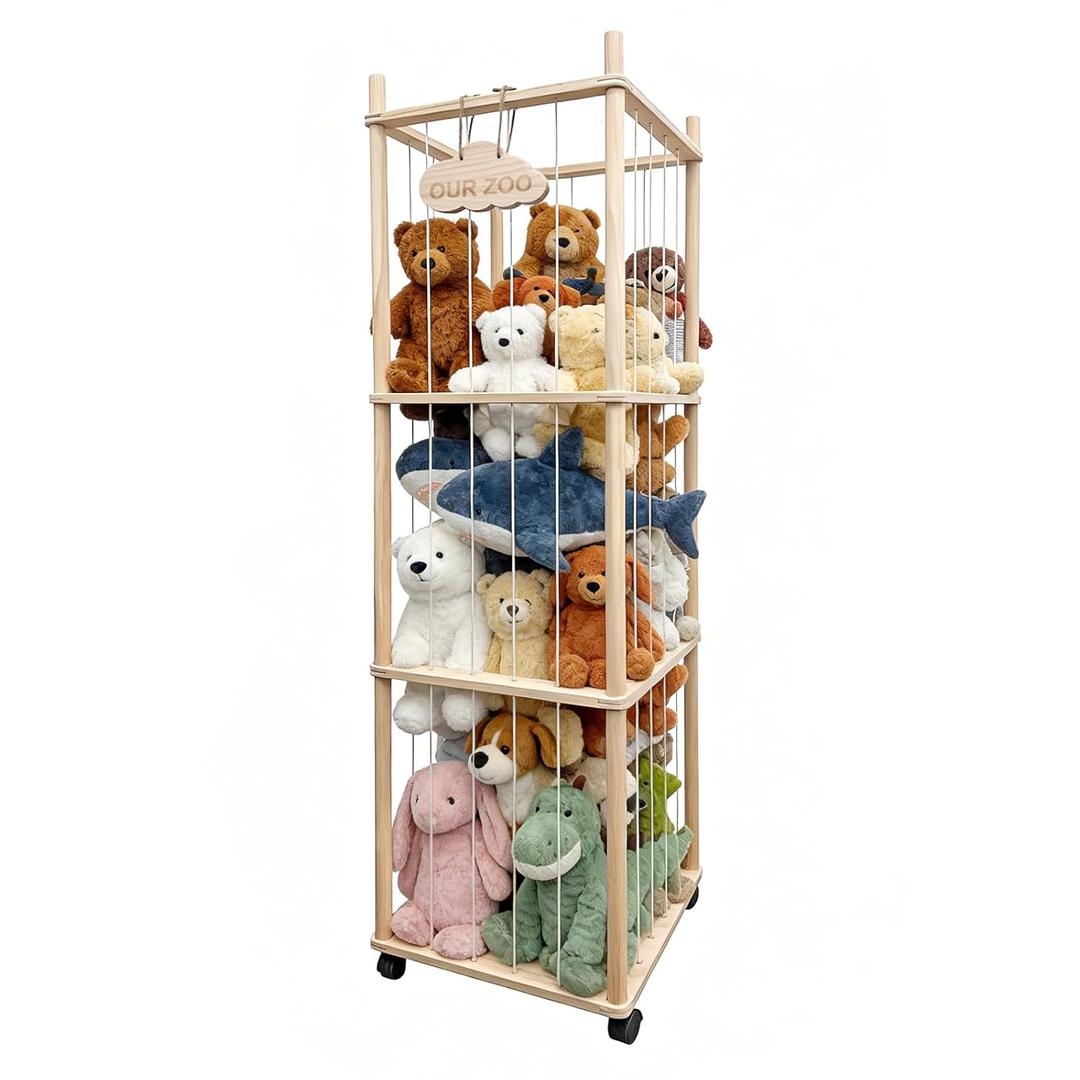 Stuffed Animal Storage, 53.9 Inch Wooden Large Stuffed Animal Zoo Organizers with Wheels, Stuffy Plushies Storage Holder with Elastic Band & Solid Base, Plushies Storage for Playroom Bedroom Nursery