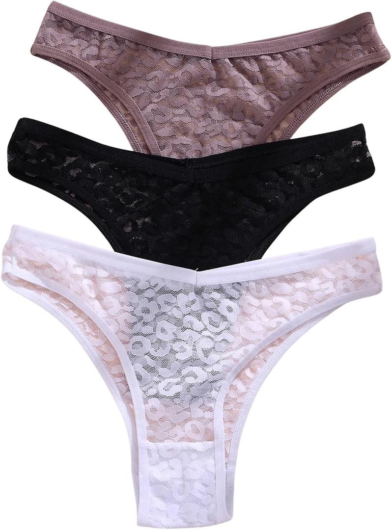 MakeMeChic Women's 3 Pack Floral Lace Panties Underpants Plain Sheer Thongs Underwear White Black Purple, Large