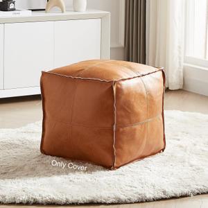 Pouf Ottoman, Unstuffed Pouf Cover, Handmade Faux PU Leather Moroccan, Orange Brown 17.7" Square, Foot Rest for Living Room, Floor Chair Gifts for Men Women, (Only Cover) (Orange)