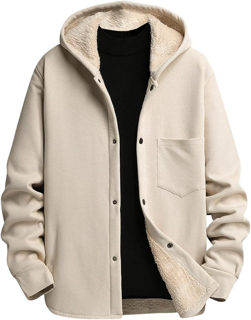 Verdusa Men's Button Up Fleece Sherpa Lined Hoodies Long Sleeve Warm Sweatshirts Jacket with Pockets (Beige, Small)