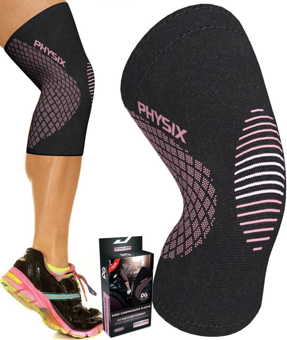 Physix Gear Knee Compression Sleeve for Men & Women - Best Compression Knee Brace for Walking, Running, Gym, Basketball, Weightlifting,Workout, Sports - Knee sleeves Support Compression & Stability (Black/Pink), S 
