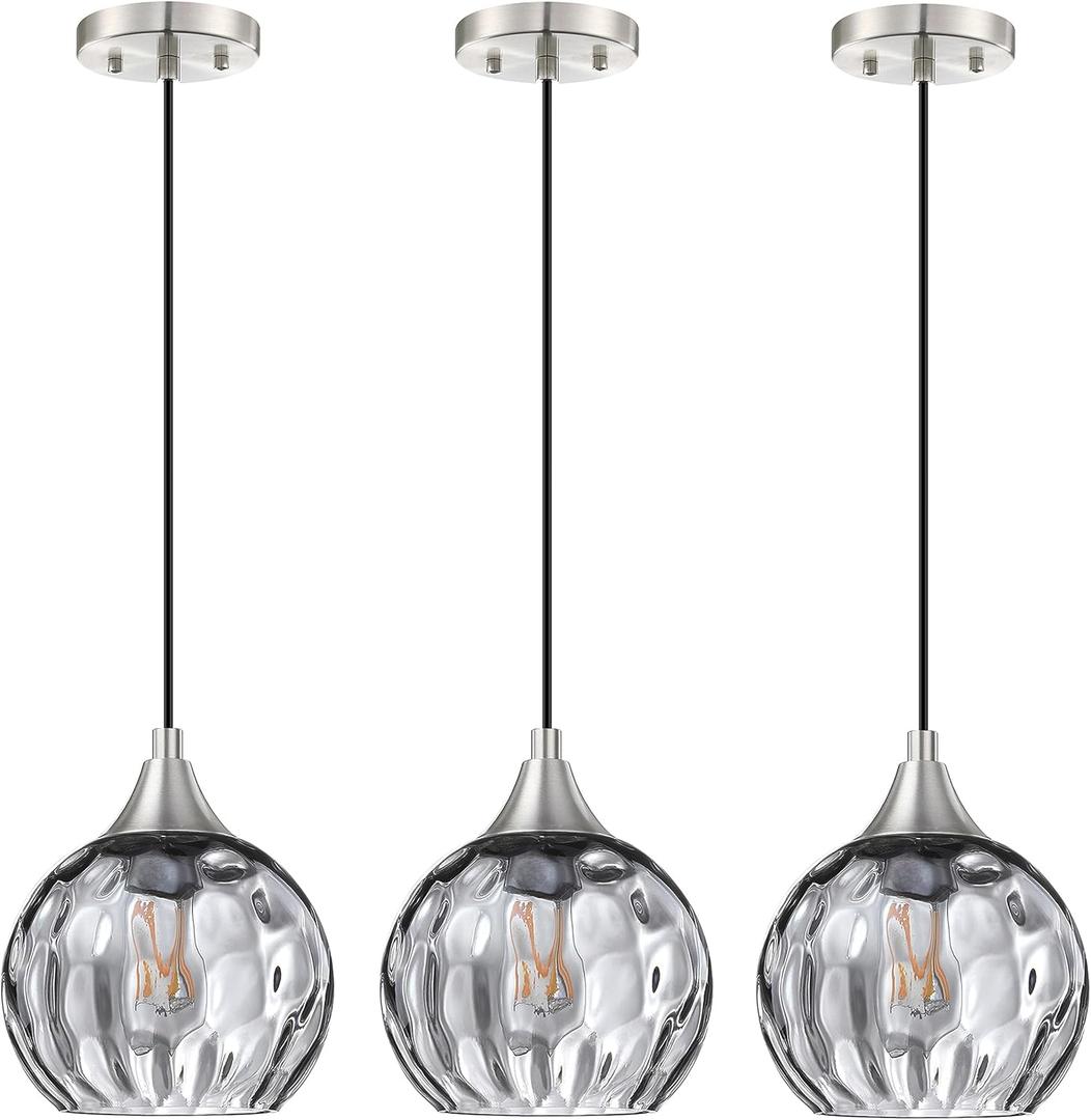 3 Pack 1 Light Hanging Indoor Kitchen Island Pendant Light 6.3" Pendant Ceiling Light Fixtures Brushed Nickel Finish Modern Farmhouse Dinning Over Sink(Adjustable Height Cord)