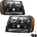JSBOYAT Headlight Assembly with Bulbs Replacement for 2002-2009 Chevy Trailblazer Passenger and Driver Side, Black Housing with Amber Reflector