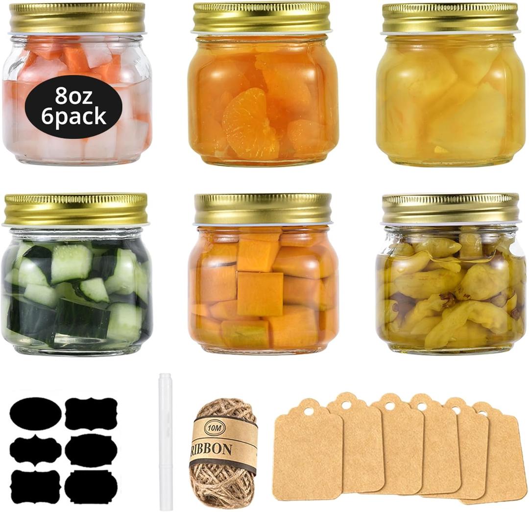 Rainforce Mason Jars 8 oz with Gold Lids 6 Pack Small 8 oz Glass Jars with Lids, Regular Mouth Half Pint Canning for Food Storage, Jam, Honey, Spice, Candle, Overnight Oats & DIY Projects