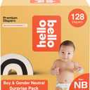 Hello Bello Newborn Premium Diapers, (Size NB - Up to 10 lbs) Surprise Pack for Boys - 128 Count, Hypoallergenic with Soft, Cloth-Like Feel - Assorted Boy & Gender Neutral Patterns