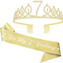 7th Birthday Party Set - Glitter Sash, Tiara Crown, and Decorations for Girls, Gold