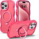 UEEBAI Magnetic for iPhone 16 Pro Max Case, [Compatible with MagSafe] [Built-in Kickstand] Translucent Wave Design Wavy Frame Matte Drop Protect Phone Case - Hot Pink