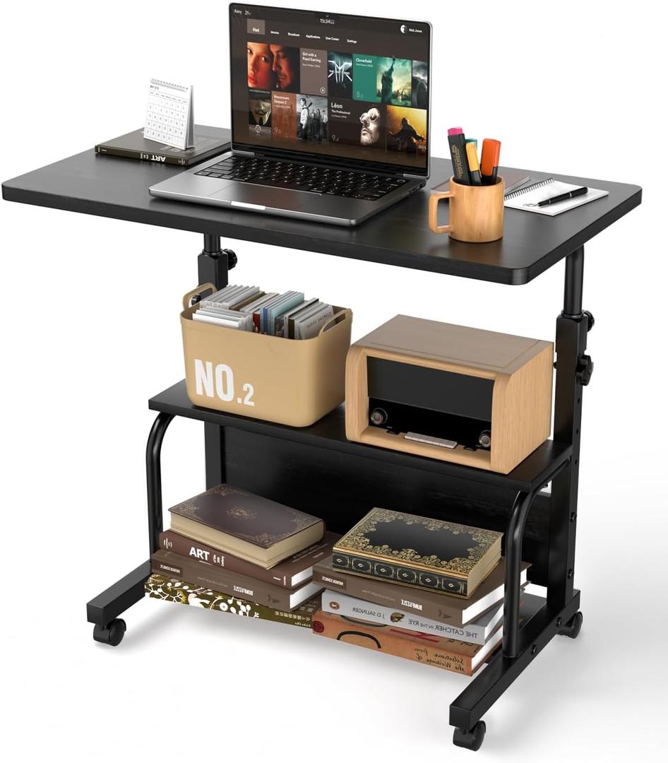 QZMDSM Portable Rolling Desk on Wheels Adjustable Height Desks for Small Spaces, 32" Computer Desk with Storage Shelves for Home Office Black, 15 Inches X 31 Inches X 25 Inches