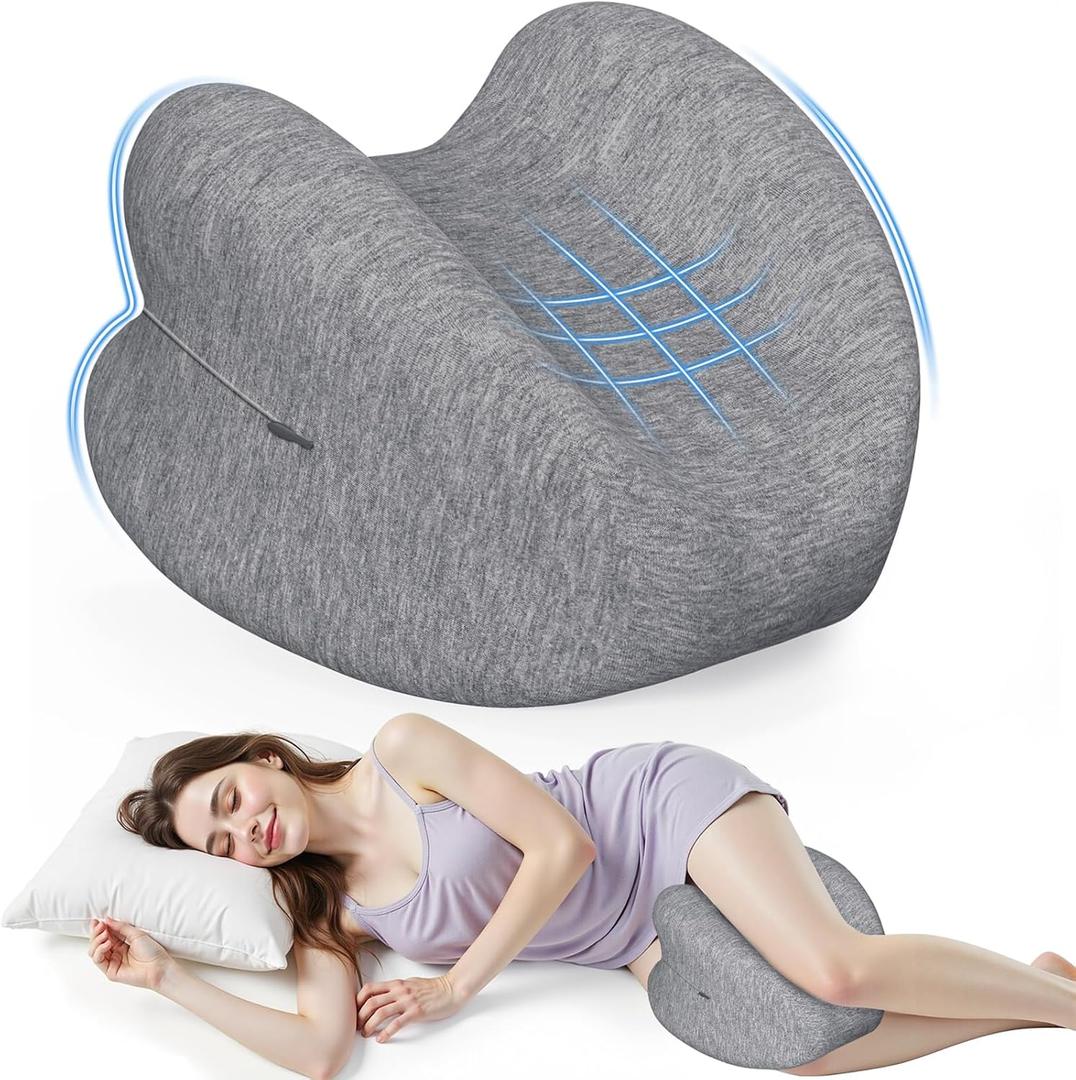 Knee Pillow for Side Sleepers, High-Density Memory Foam Leg Pillow for Side Sleeping, Heart-Shaped Design for Knees, Hips & Spinal Alignment, Grey, Large