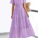 PRETTYGARDEN Womens 2026 Summer Maxi Dress Short Sleeve V Neck Hollow Out Eyelet A Line Long Flowy Beach Vacation Dresses (Purple, L)