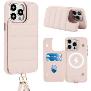 Crossbody Wallet Case for iPhone 15 Pro Max with Strap,RFID Blocking Leather Flip Case for Women with Card Holder,Magnetic Purse Shockproof Cover with Kickstand,Lanyard,Pale Pink