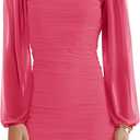 Wenrine Women's Mesh Long Sleeve Square Neck Ruched Party Club Cocktail Bodycon Mini Dress, Size 2XL