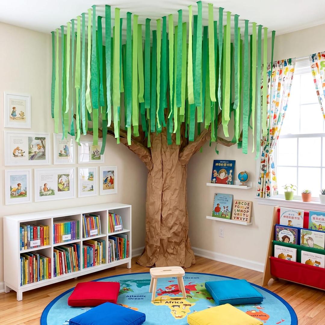 Watersay Classroom Tree Bulletin Board Decorations Set 196 ft Green Crepe Paper 98 ft Brown Kraft Paper Roll DIY 3D Cardboard Tree Woodland Bulletin Board Wall Decoration for School Teacher Chalkboard