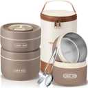Dandat 3 Pcs Portable Insulated Lunch Container Set for Adult, Stackable Stainless Steel Bento Box for Hot Food with Insulated Lunch Bag Unisex 3 Separate Thermal Food Container(Khaki)