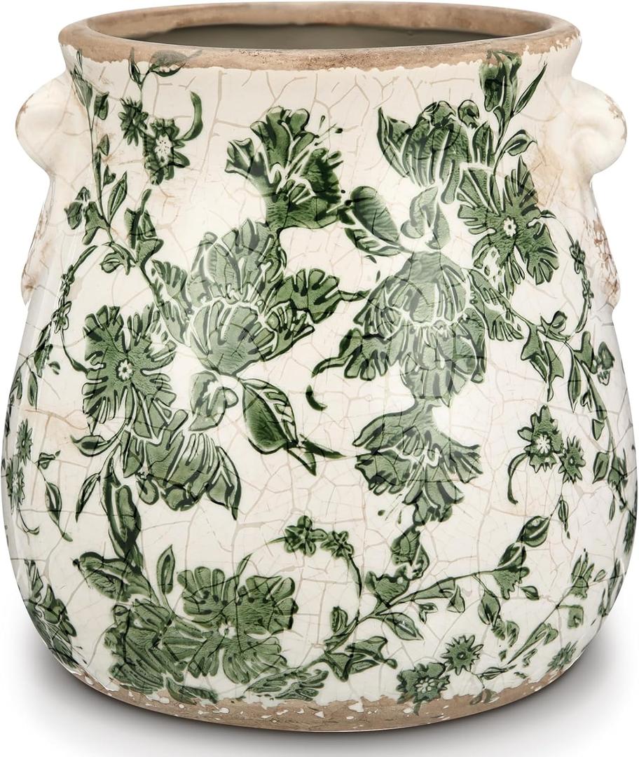 Ceramic Green Scroll Planter 6.5 Inch Chinoiserie Floral Vase with Drainage Holes Vintage Flower Vase Flower Pot Rustic Ceramic Pots for Indoor Plants Flowers Garden Home Bookshelf Decor