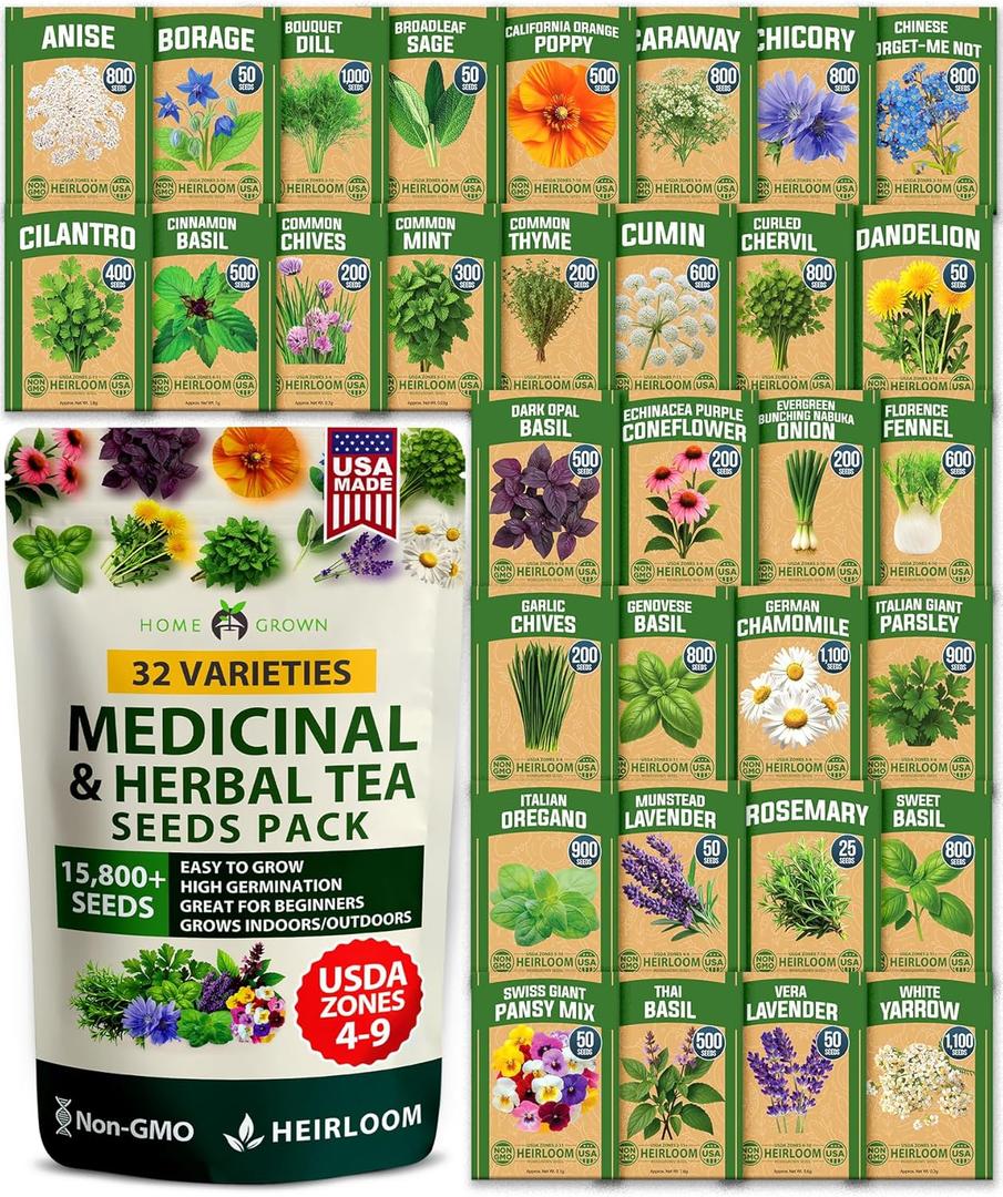 HOME GROWN Herb Seeds 32 Medicinal Herbs and Tea Variety Pack – Annual & Perennial Herb Seeds for Planting Indoors & Outdoor – NonGMO, Heirloom Seeds, Easy to Grow, High Germination Garden Kit