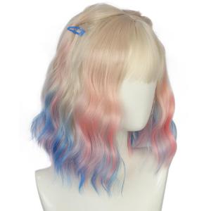 Unicorn Wave Hair Wig & 2 Hair Clip Sets, with Pink Blue Ombre Highlights & School Bangs for Women Costume Party Accessory, Perfect for Cosplay & Halloween, Free Hair Net