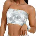 Sparkly Strapless Crop Top Glitter Sequin Tube Top Party Clubwear Top for Women and Girls (Orange)