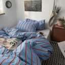 Vintage Blue & Red Striped Comforter Set Full Size - Soft Cotton 3-Piece Bedding Set (1 Comforter + 2 Pillowcases), Retro Geometric Stripes Pattern, All-Season Lightweight & Breathable