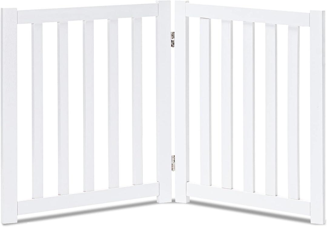 LZRS 2-Panel Wooden Free Standing Foldable Dog Gate Solid Hardwood 24" High, Step-Over Safety Pet Gate for Doorways, Stairs & Small Spaces - Indoor Use, White