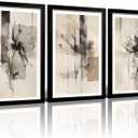 KHYEY 3 Piece Framed Abstract Floral Wall Art Set Neutral Beige Black Modern Canvas Prints 16x24 Inch Botanical Watercolor Artwork for Living Room Bedroom Bathroom Home Office Decor