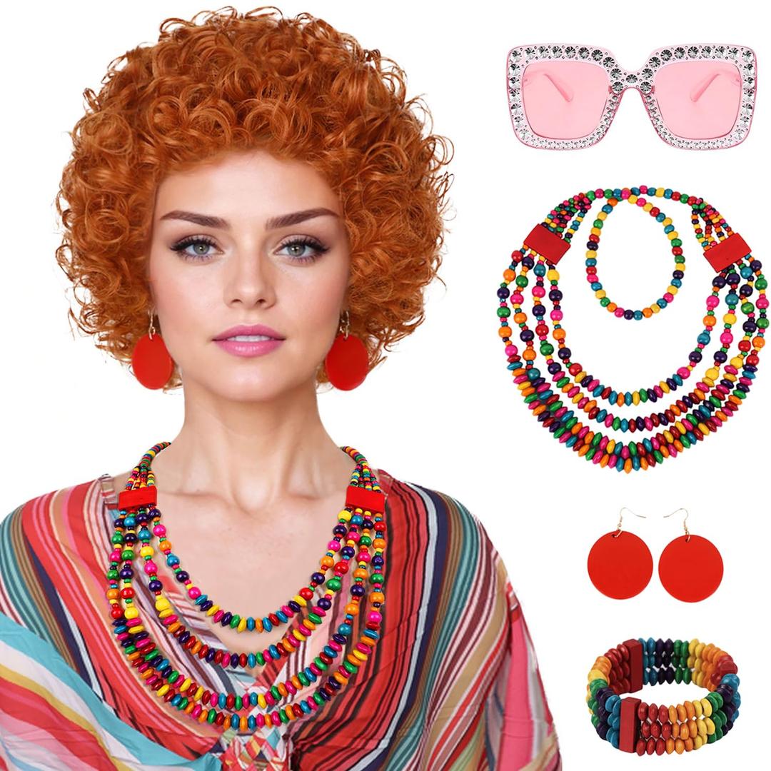 Red Orange Wig + Pink Sunglasses + Rainbow Necklace + Earrings + Bracelets + Wig Cap for Women Costume Short Curly Reddish Wigs for Cosplay Halloween Party or Fun6pcs Set