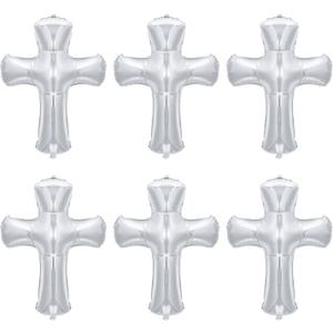 6 Pcs 34 Inch Cross Balloon Jumbo Baptism Large Memorial Balloons Communion Christening Religious Foil Party Balloon for Xmas Home Outdoor Decorations(Silver)