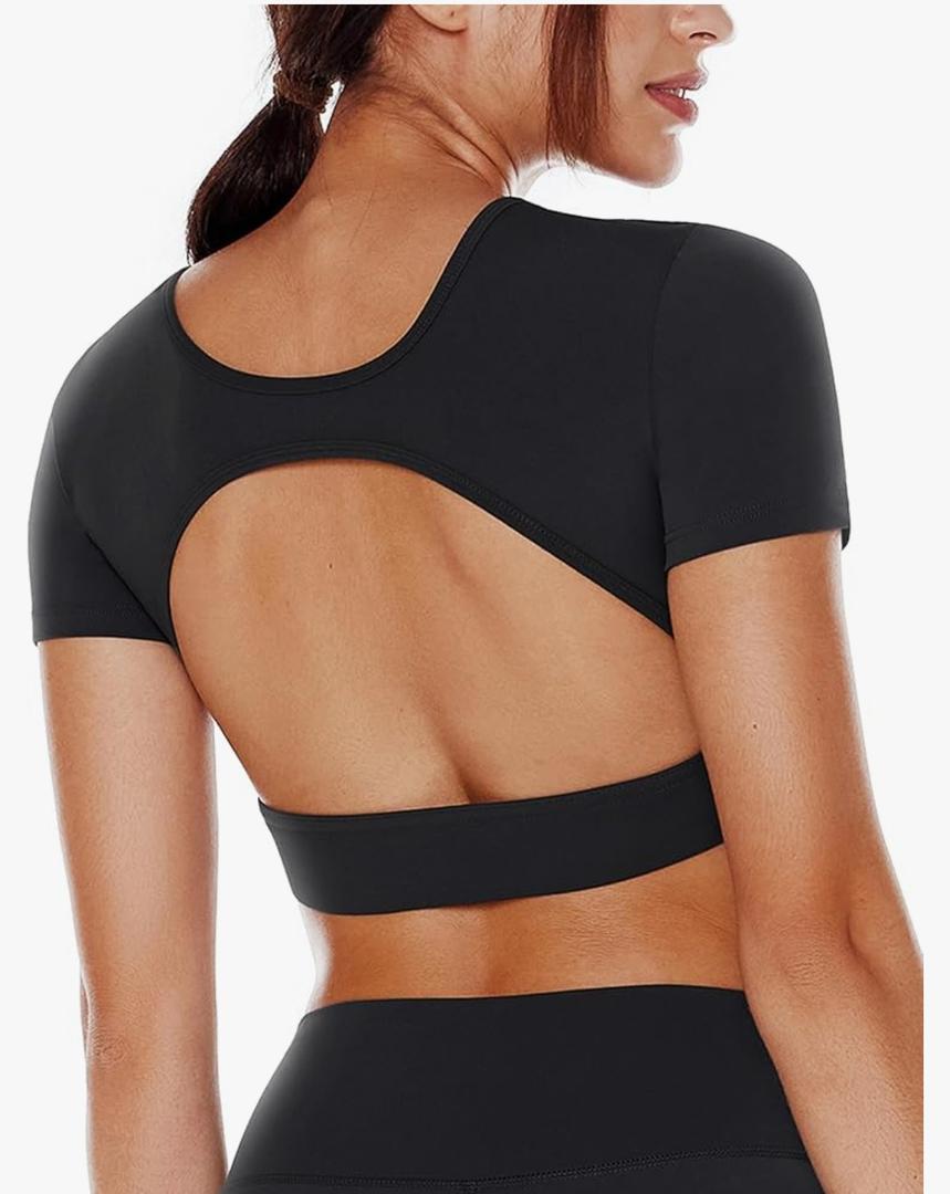 ENERBLOOM Open Back Workout Crop Tops for Women Backless Yoga Shirts Gym Short Sleeve Mild Support Compression Tee with Bra L