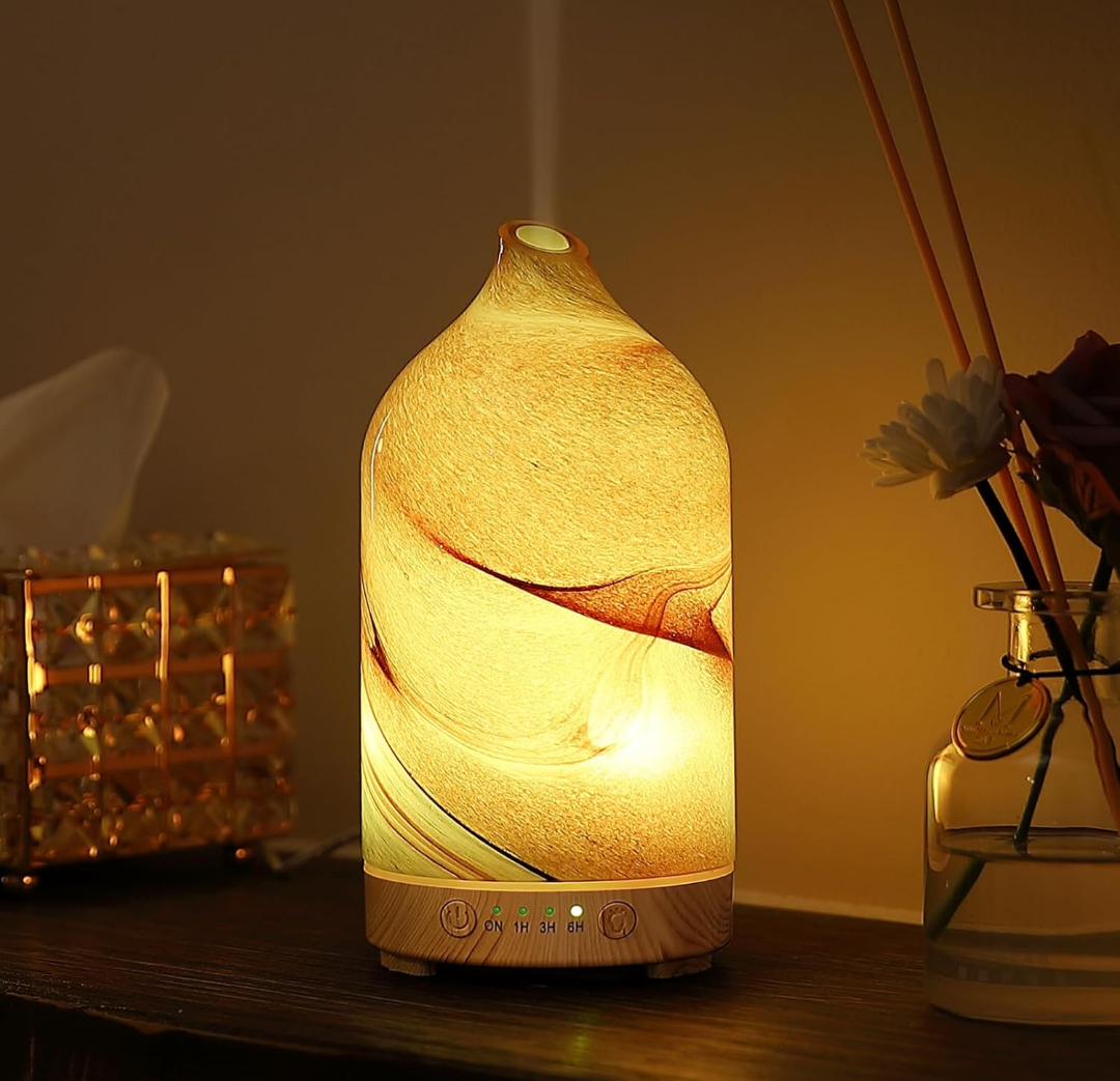 Essential Oil Diffuser Hand Blown Glass Aromatherapy Diffuser - Ultrasonic Cool Mist Scent Aroma Diffuser, Whisper Quiet with Auto Shut-Off, Timer Setting & 7 Colors Night Light for Home