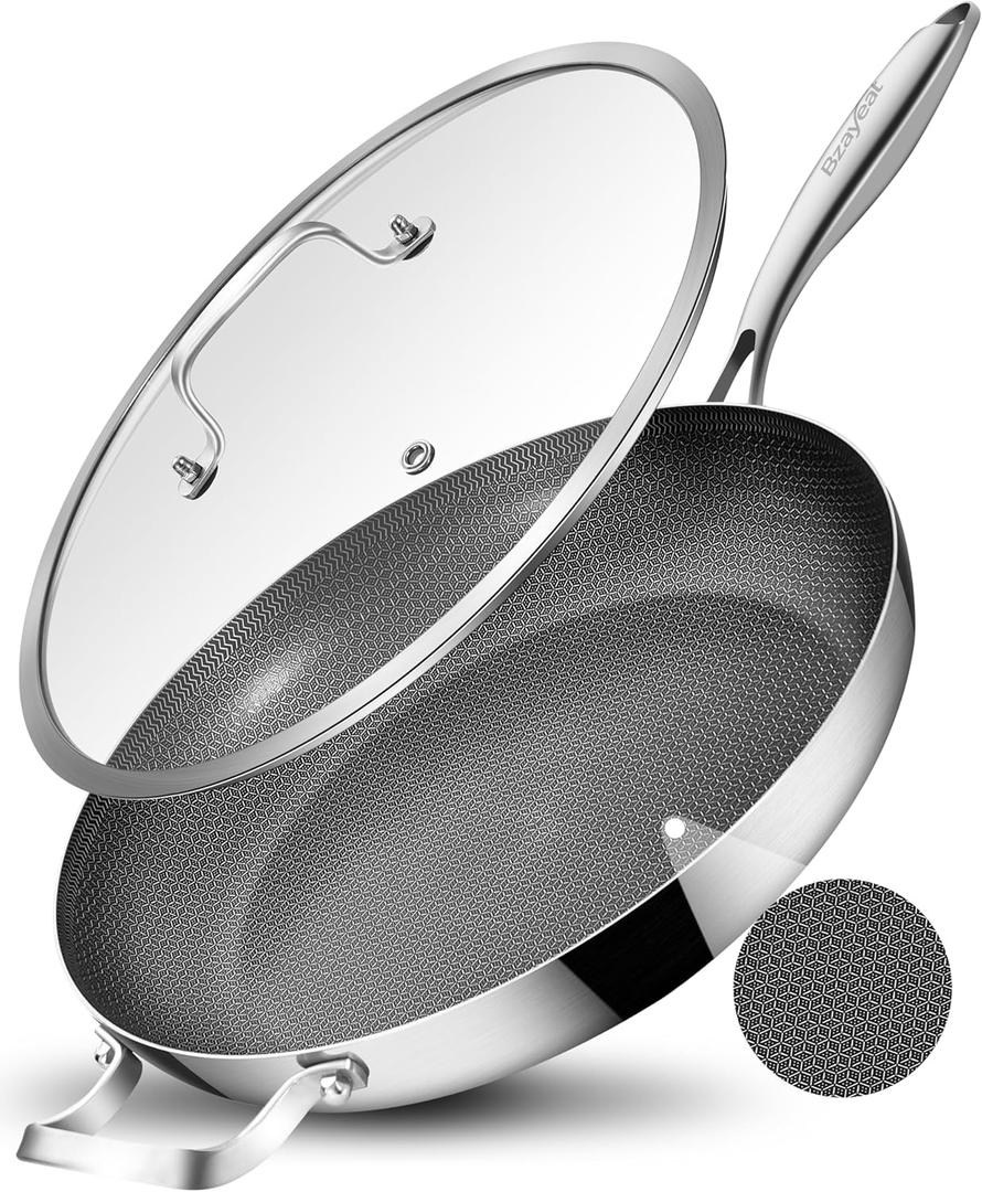 12 Inch Non-Stick Ceramic Stainless Steel Frying Pan - With Lid & Helper Handle, Induction Compatible Skillet, Dishwasher & Oven Safe Up to 600F, Detachable Handle, Perfect for 4 People