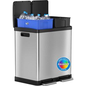 iTouchless 16 Gallon Dual Step Trash Can and Recycle Bin with Lid, Stainless Steel Kitchen Garbage 2 Compartment Sorting, Odor Control Filter, AirNova Silent Close, Fingerprint-Proof, Matte Silver