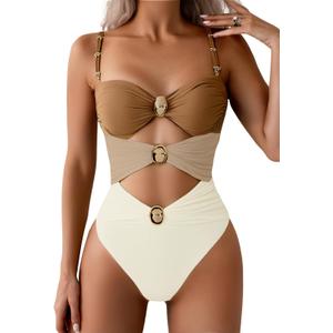 Verdusa Women's Sexy One Piece Swimsuit Ruched Cut Out Color Block Swimwear Bathing Suit (Medium, Brown Beige)